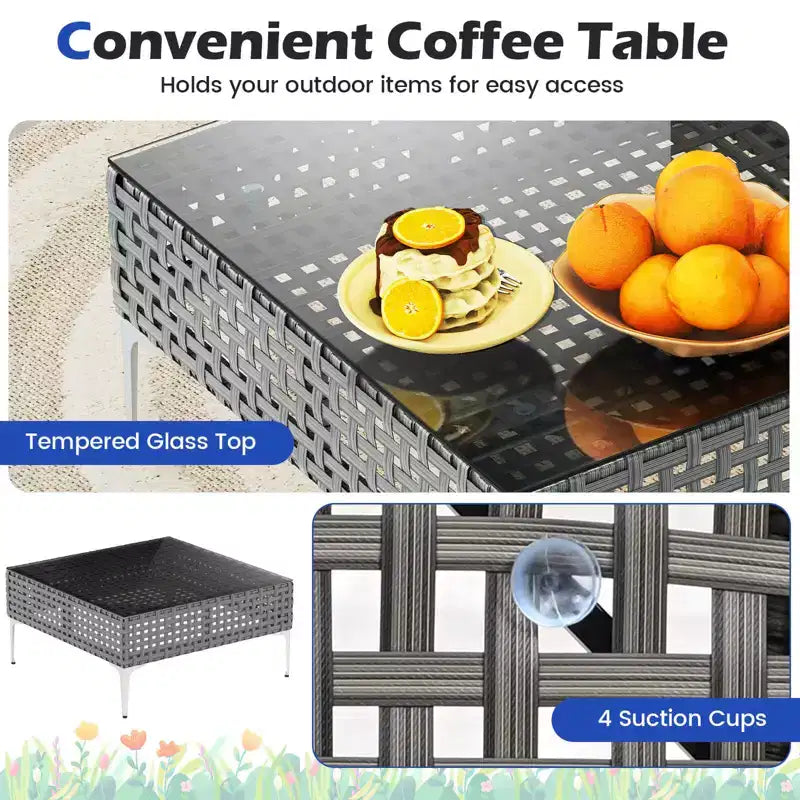 Costway 3 PCS Patio Furniture Set with Tempered Glass Coffee Table Soft Back & Seat Cushions Navy/White/Gray