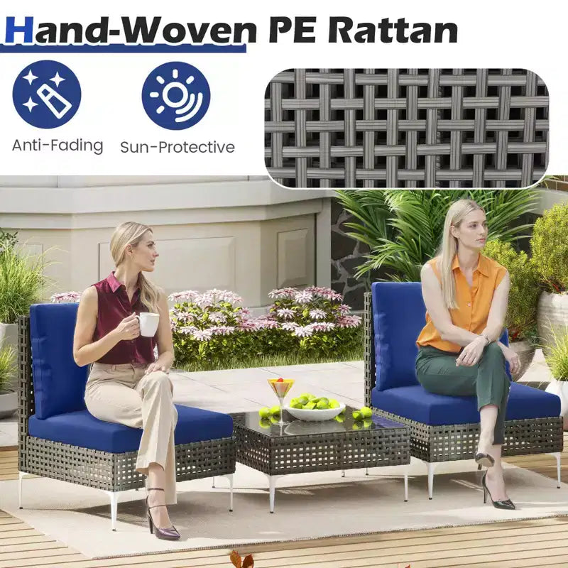 Costway 3 PCS Patio Furniture Set with Tempered Glass Coffee Table Soft Back & Seat Cushions Navy/White/Gray
