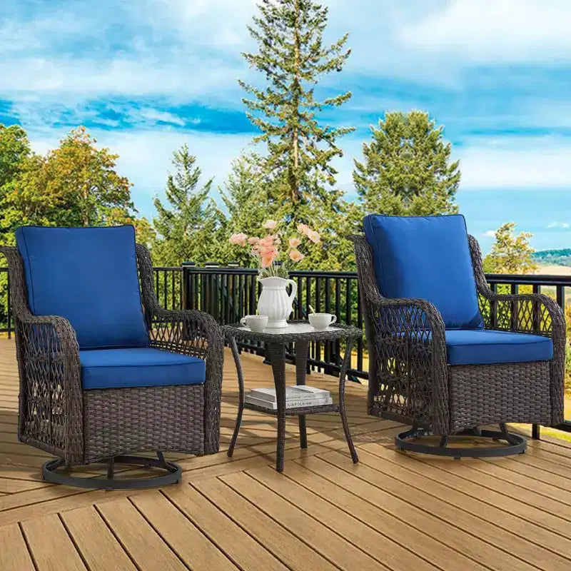 3 Piece Outdoor Patio Set, Wicker Rocking Bistro Set with 2 Swivel Chairs & Tempered Glass Top Table