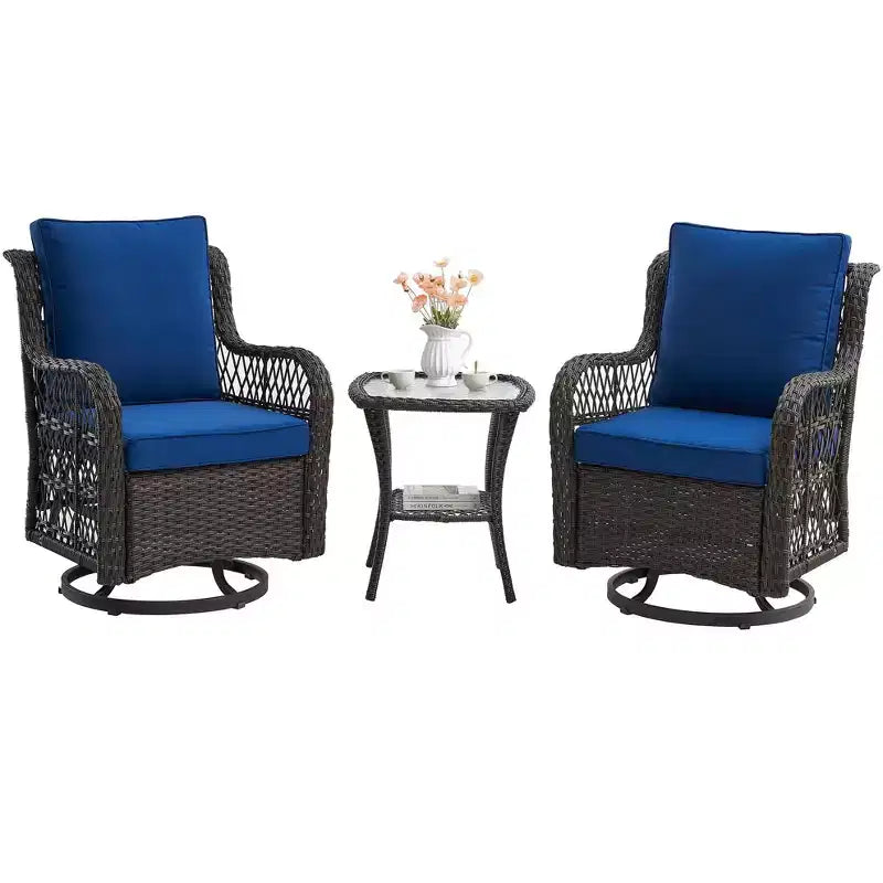 3 Piece Outdoor Patio Set, Wicker Rocking Bistro Set with 2 Swivel Chairs & Tempered Glass Top Table