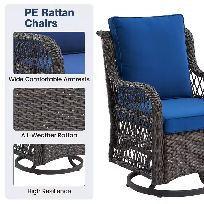 3 Piece Outdoor Patio Set, Wicker Rocking Bistro Set with 2 Swivel Chairs & Tempered Glass Top Table