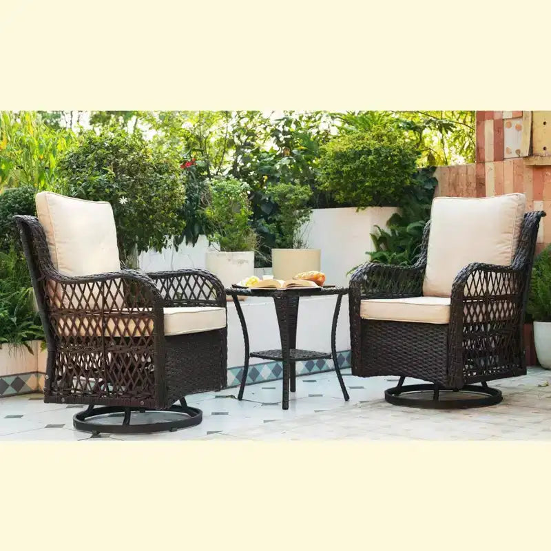 3 Piece Outdoor Patio Set, Wicker Rocking Bistro Set with 2 Swivel Chairs & Tempered Glass Top Table