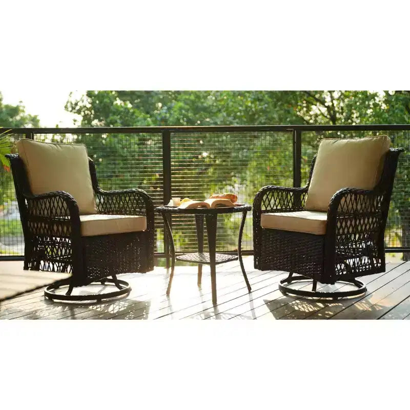 3 Piece Outdoor Patio Set, Wicker Rocking Bistro Set with 2 Swivel Chairs & Tempered Glass Top Table