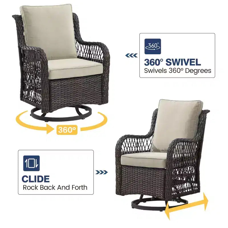 3 Piece Outdoor Patio Set, Wicker Rocking Bistro Set with 2 Swivel Chairs & Tempered Glass Top Table