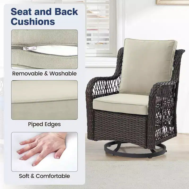 3 Piece Outdoor Patio Set, Wicker Rocking Bistro Set with 2 Swivel Chairs & Tempered Glass Top Table
