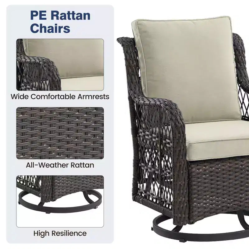 3 Piece Outdoor Patio Set, Wicker Rocking Bistro Set with 2 Swivel Chairs & Tempered Glass Top Table