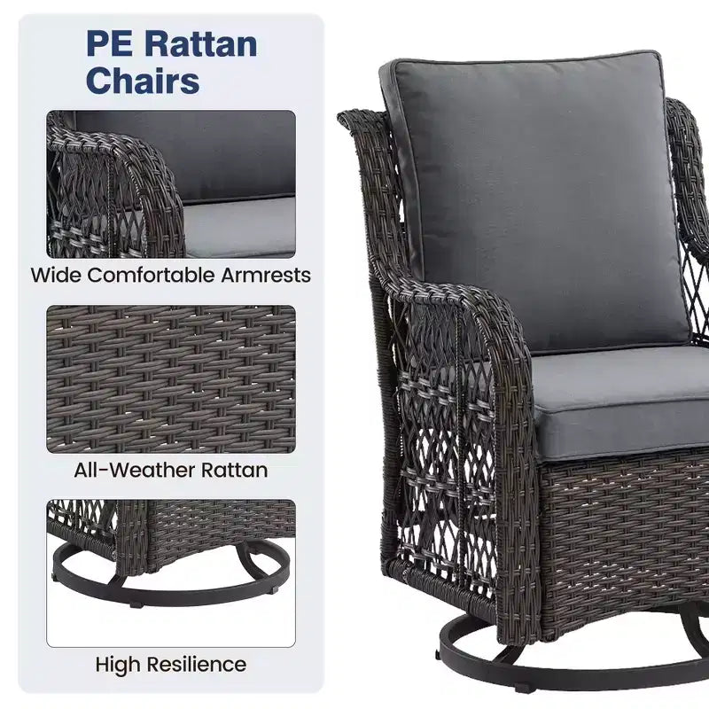 3 Piece Outdoor Patio Set, Wicker Rocking Bistro Set with 2 Swivel Chairs & Tempered Glass Top Table