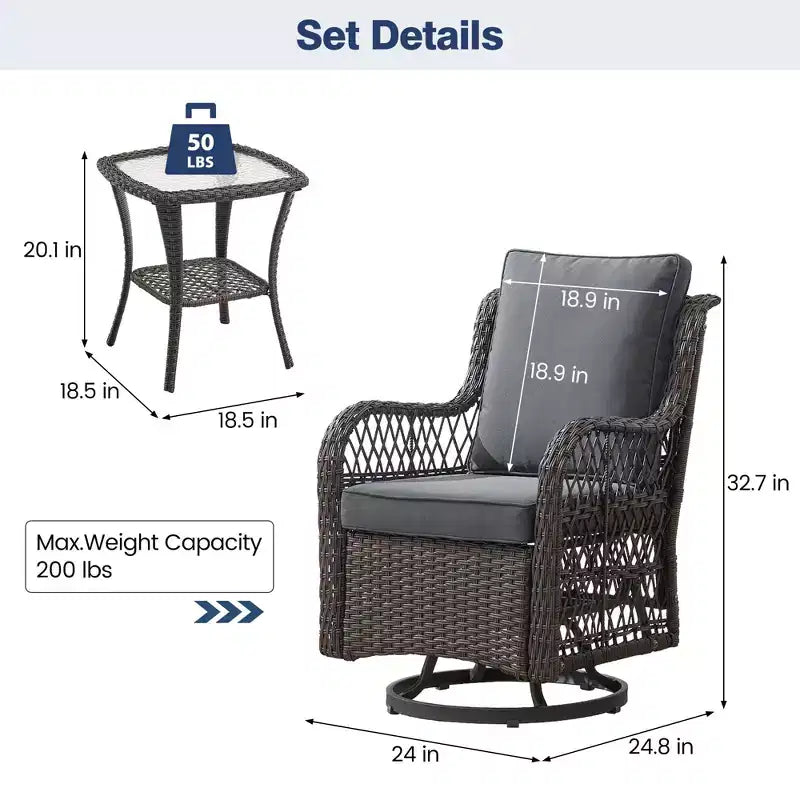 3 Piece Outdoor Patio Set, Wicker Rocking Bistro Set with 2 Swivel Chairs & Tempered Glass Top Table