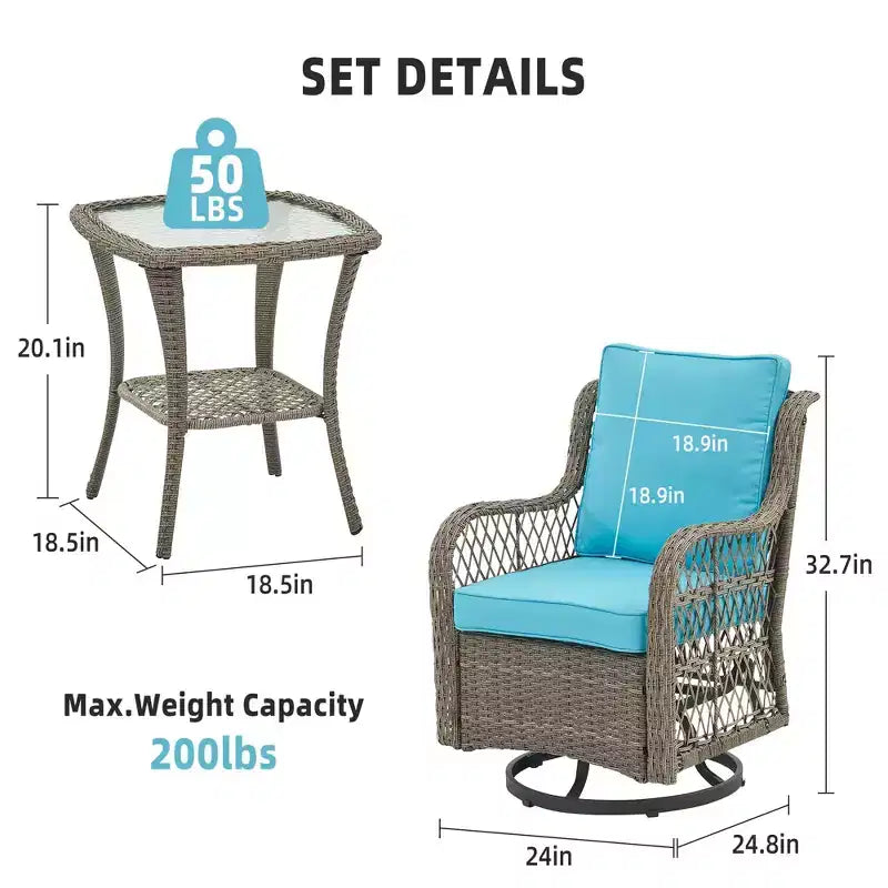 3 Piece Outdoor Patio Set, Wicker Rocking Bistro Set with 2 Swivel Chairs & Tempered Glass Top Table