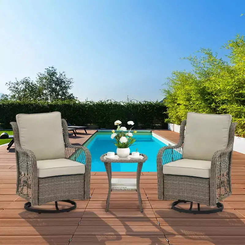 3 Piece Outdoor Patio Set, Wicker Rocking Bistro Set with 2 Swivel Chairs & Tempered Glass Top Table
