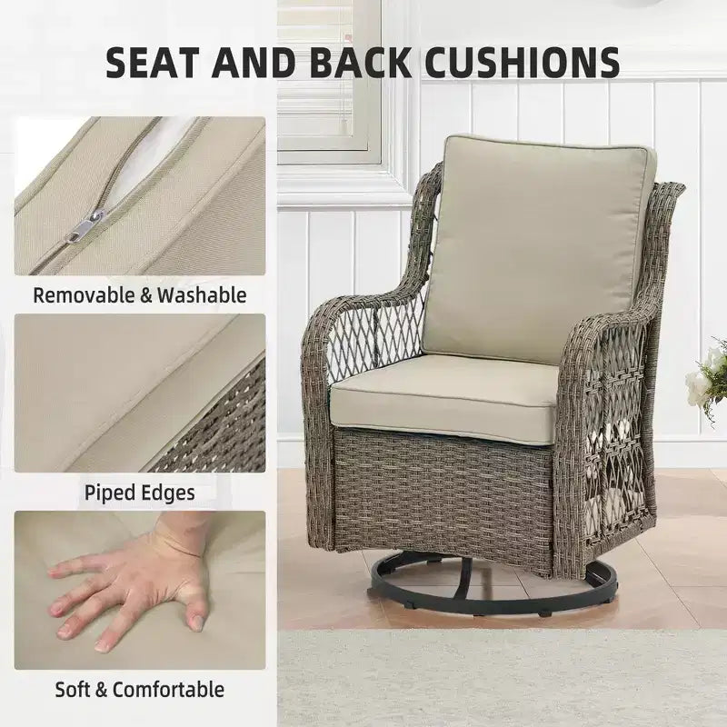 3 Piece Outdoor Patio Set, Wicker Rocking Bistro Set with 2 Swivel Chairs & Tempered Glass Top Table