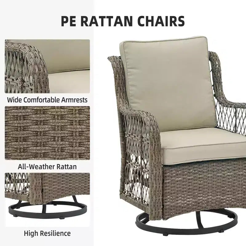 3 Piece Outdoor Patio Set, Wicker Rocking Bistro Set with 2 Swivel Chairs & Tempered Glass Top Table