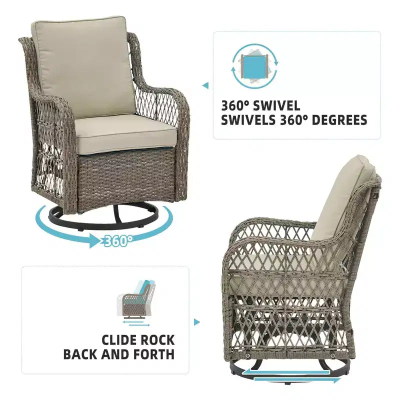 3 Piece Outdoor Patio Set, Wicker Rocking Bistro Set with 2 Swivel Chairs & Tempered Glass Top Table