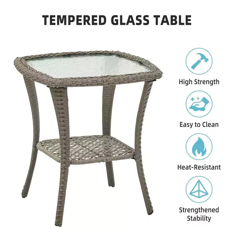3 Piece Outdoor Patio Set, Wicker Rocking Bistro Set with 2 Swivel Chairs & Tempered Glass Top Table