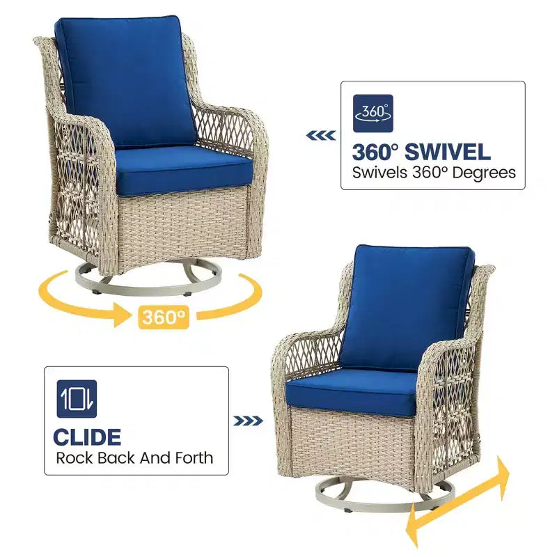 3 Piece Outdoor Patio Set, Wicker Rocking Bistro Set with 2 Swivel Chairs & Tempered Glass Top Table