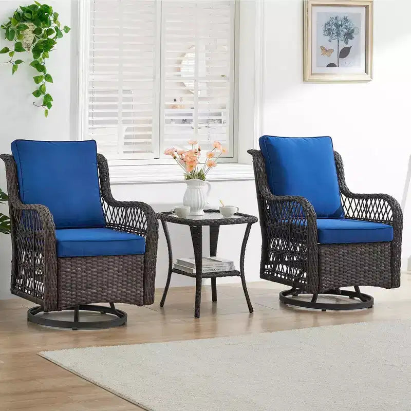 3 Piece Outdoor Patio Set, Wicker Rocking Bistro Set with 2 Swivel Chairs & Tempered Glass Top Table