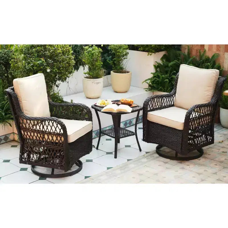 3 Piece Outdoor Patio Set, Wicker Rocking Bistro Set with 2 Swivel Chairs & Tempered Glass Top Table