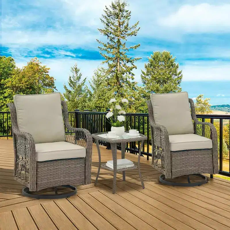 3 Piece Outdoor Patio Set, Wicker Rocking Bistro Set with 2 Swivel Chairs & Tempered Glass Top Table