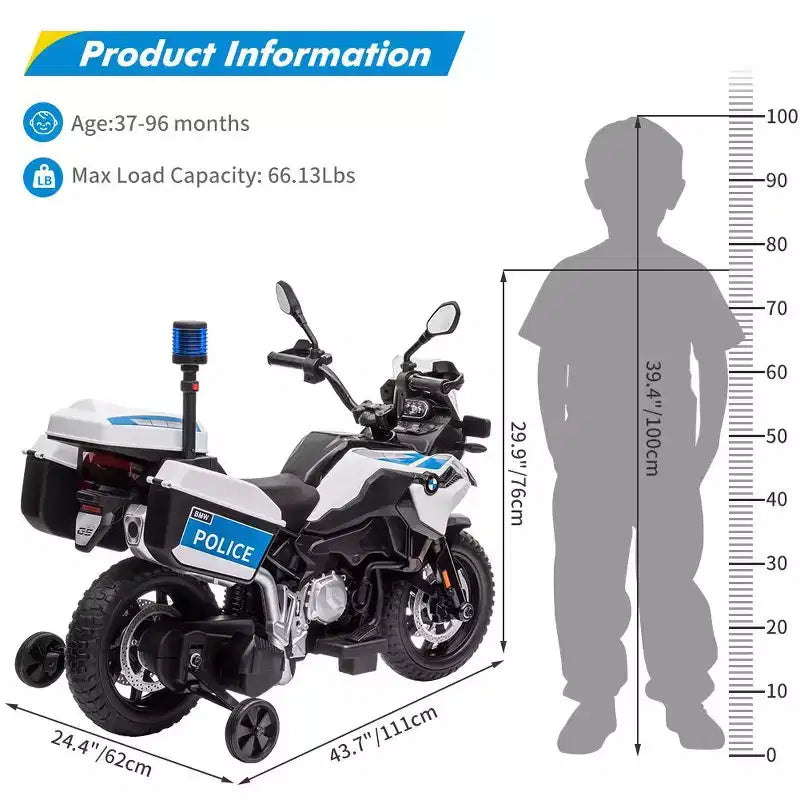 Acekool 12V Kids Ride-On BMW Motorcycle with Remote, 2 Speeds, Music, USB, LED Lights & Training Wheels  White