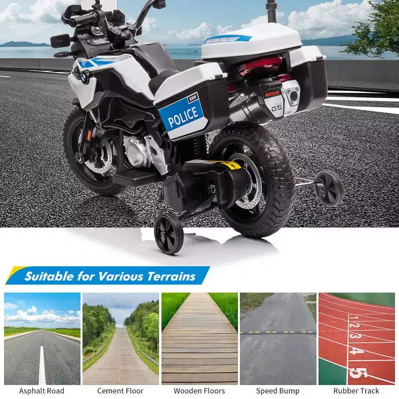 Acekool 12V Kids Ride-On BMW Motorcycle with Remote, 2 Speeds, Music, USB, LED Lights & Training Wheels  White