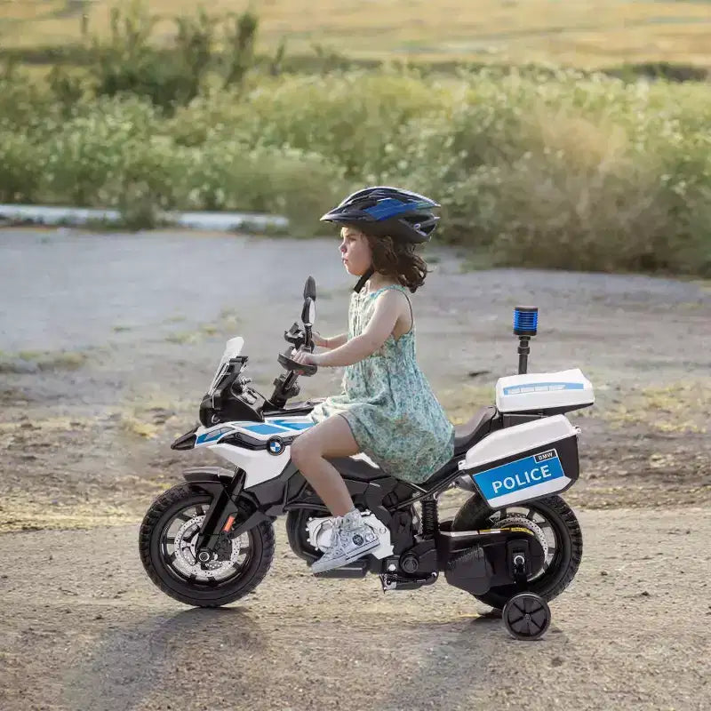 Acekool 12V Kids Ride-On BMW Motorcycle with Remote, 2 Speeds, Music, USB, LED Lights & Training Wheels  White
