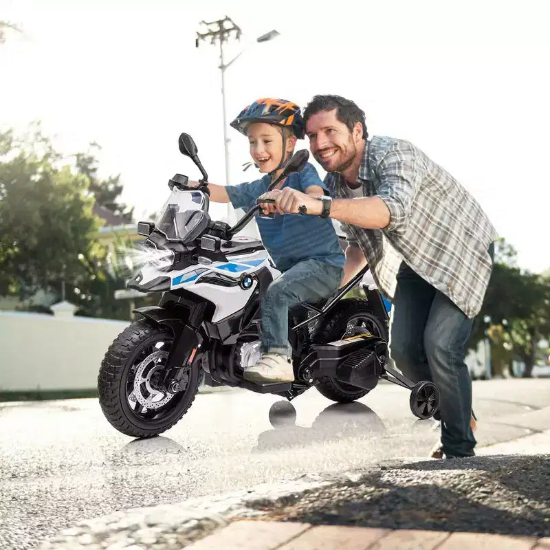 Acekool 12V Kids Ride-On BMW Motorcycle with Remote, 2 Speeds, Music, USB, LED Lights & Training Wheels  White