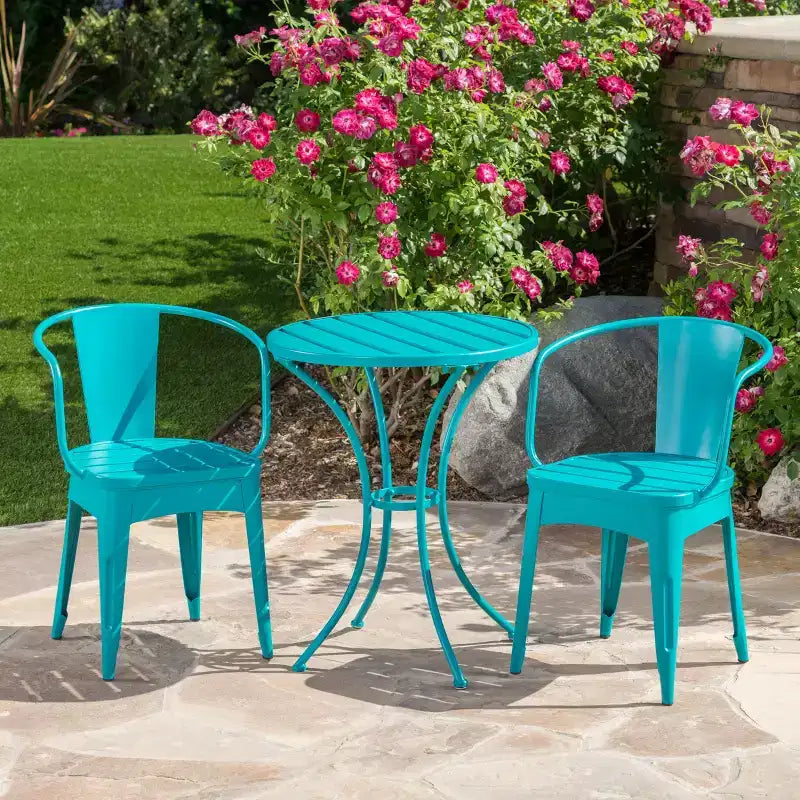 GDFStudio Hobart Outdoor 3 Piece Iron Bistro Set with Metal Slatted Chairs and Round Table