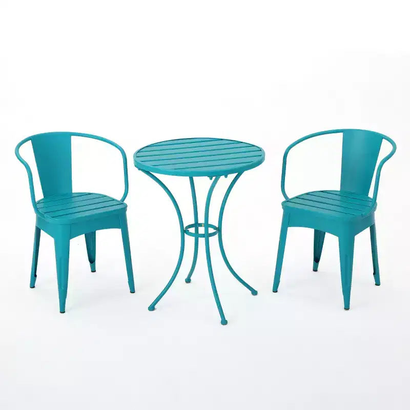 GDFStudio Hobart Outdoor 3 Piece Iron Bistro Set with Metal Slatted Chairs and Round Table