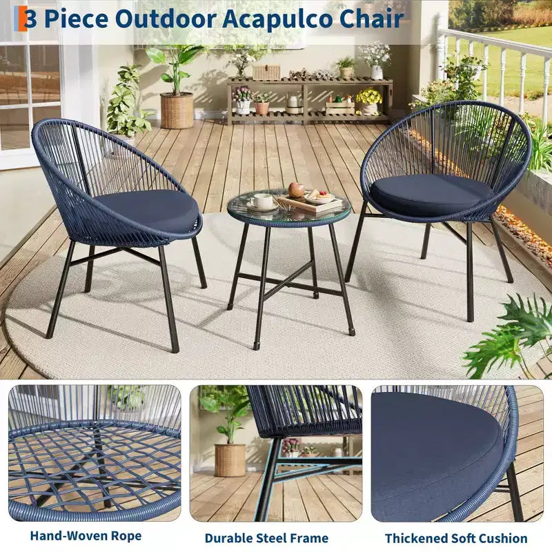 3 Pieces Outdoor Acapulco Chair Patio Bistro Set, All-Weather Acapulco Chairs with Glass Top Table, Modern Patio Conversation Chairs Set of 2