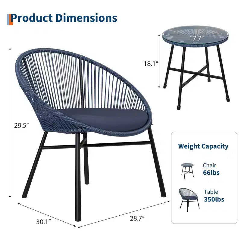 3 Pieces Outdoor Acapulco Chair Patio Bistro Set, All-Weather Acapulco Chairs with Glass Top Table, Modern Patio Conversation Chairs Set of 2