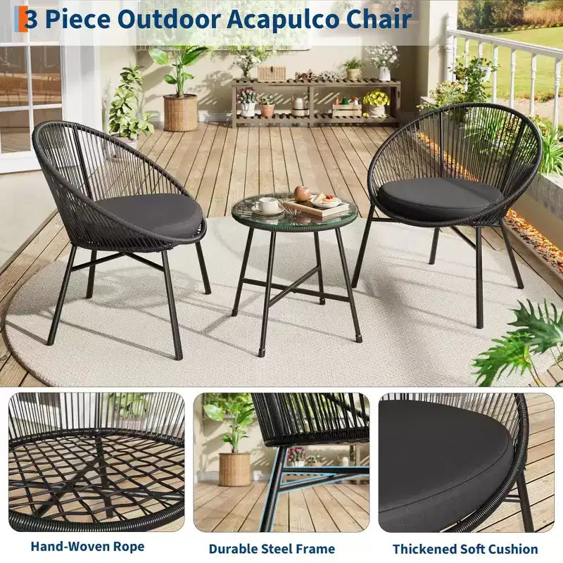 3 Pieces Outdoor Acapulco Chair Patio Bistro Set, All-Weather Acapulco Chairs with Glass Top Table, Modern Patio Conversation Chairs Set of 2