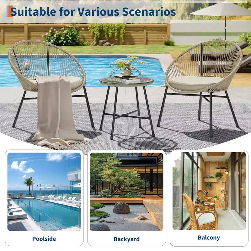 3 Pieces Outdoor Acapulco Chair Patio Bistro Set, All-Weather Acapulco Chairs with Glass Top Table, Modern Patio Conversation Chairs Set of 2