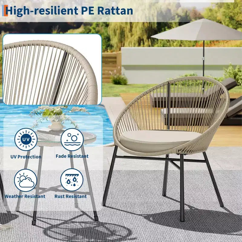 3 Pieces Outdoor Acapulco Chair Patio Bistro Set, All-Weather Acapulco Chairs with Glass Top Table, Modern Patio Conversation Chairs Set of 2