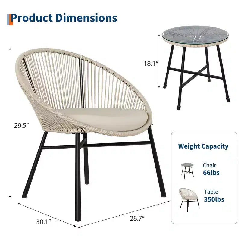 3 Pieces Outdoor Acapulco Chair Patio Bistro Set, All-Weather Acapulco Chairs with Glass Top Table, Modern Patio Conversation Chairs Set of 2