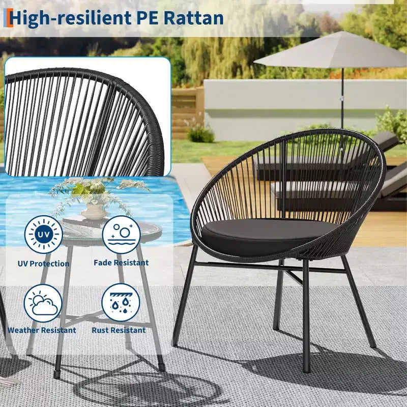 3 Pieces Outdoor Acapulco Chair Patio Bistro Set, All-Weather Acapulco Chairs with Glass Top Table, Modern Patio Conversation Chairs Set of 2