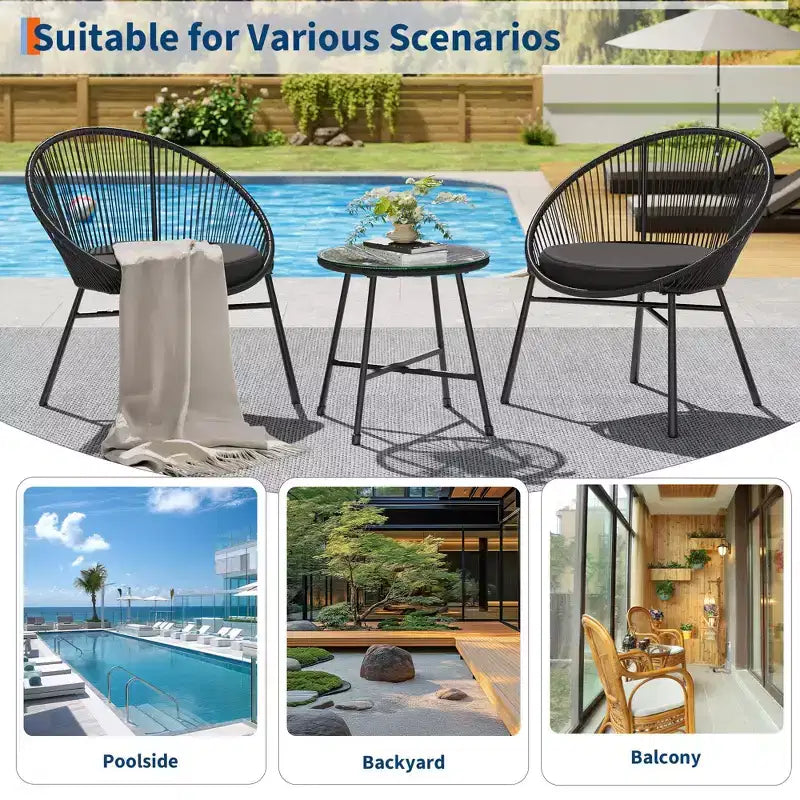 3 Pieces Outdoor Acapulco Chair Patio Bistro Set, All-Weather Acapulco Chairs with Glass Top Table, Modern Patio Conversation Chairs Set of 2
