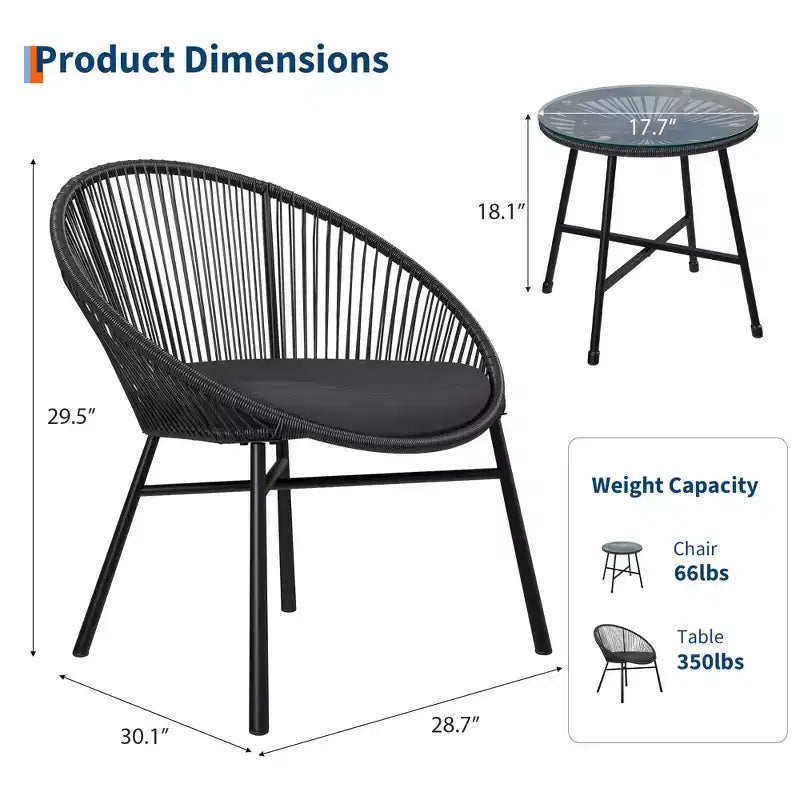 3 Pieces Outdoor Acapulco Chair Patio Bistro Set, All-Weather Acapulco Chairs with Glass Top Table, Modern Patio Conversation Chairs Set of 2