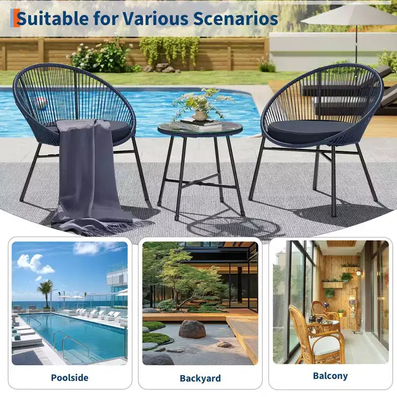 3 Pieces Outdoor Acapulco Chair Patio Bistro Set, All-Weather Acapulco Chairs with Glass Top Table, Modern Patio Conversation Chairs Set of 2