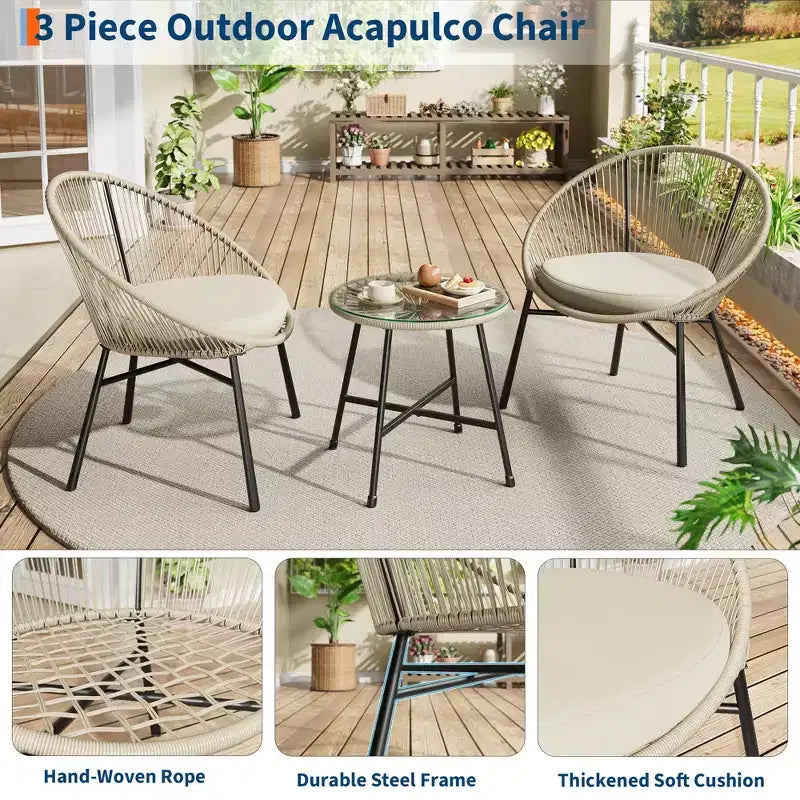 3 Pieces Outdoor Acapulco Chair Patio Bistro Set, All-Weather Acapulco Chairs with Glass Top Table, Modern Patio Conversation Chairs Set of 2
