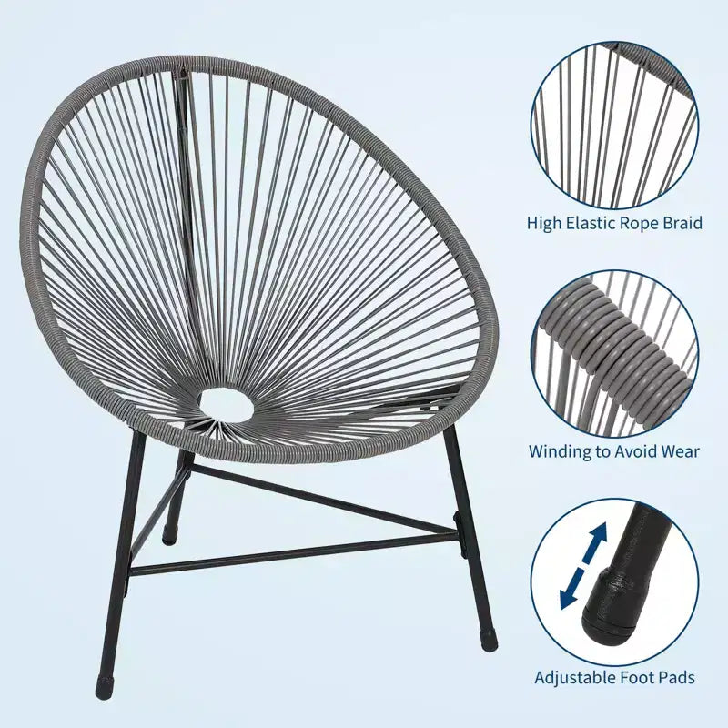3 Piece Patio Furniture Set Acapulco Chairs Woven Rope Chairs and Glass Top Table for Outdoor Patio Conversation Bistro Sets All Weather