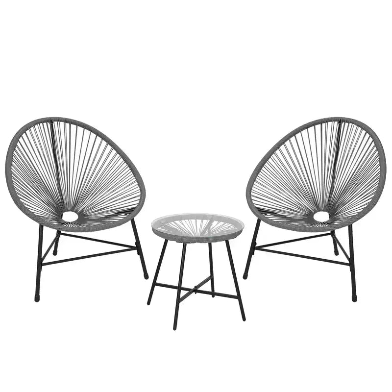 3 Piece Patio Furniture Set Acapulco Chairs Woven Rope Chairs and Glass Top Table for Outdoor Patio Conversation Bistro Sets All Weather