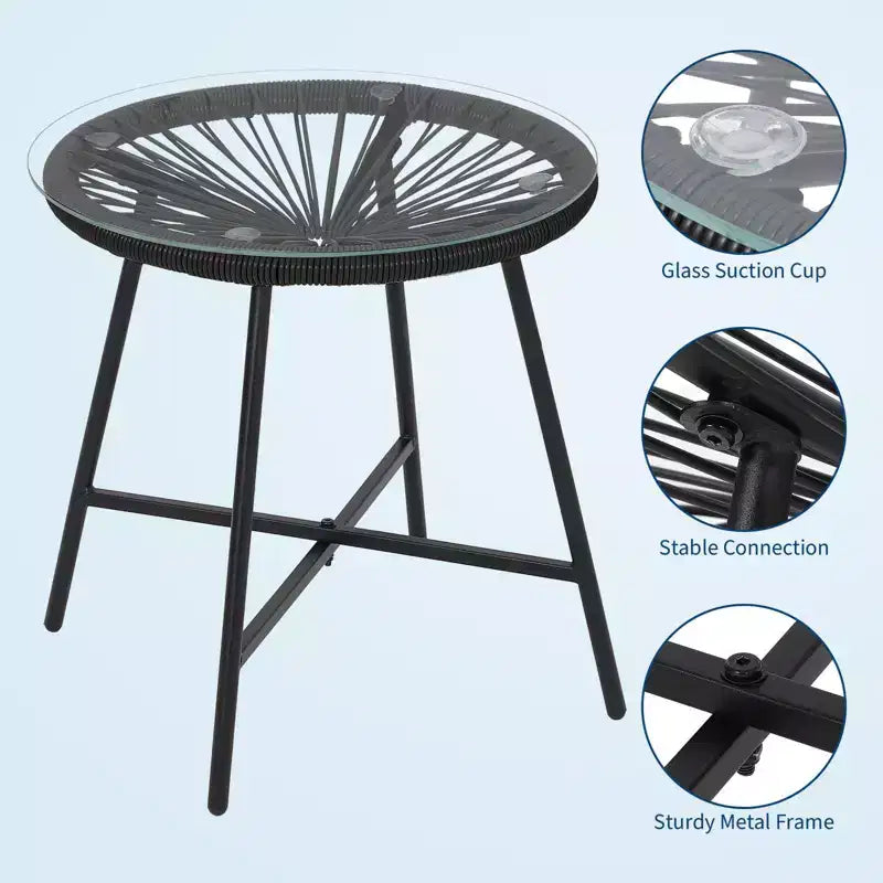 3 Piece Patio Furniture Set Acapulco Chairs Woven Rope Chairs and Glass Top Table for Outdoor Patio Conversation Bistro Sets All Weather