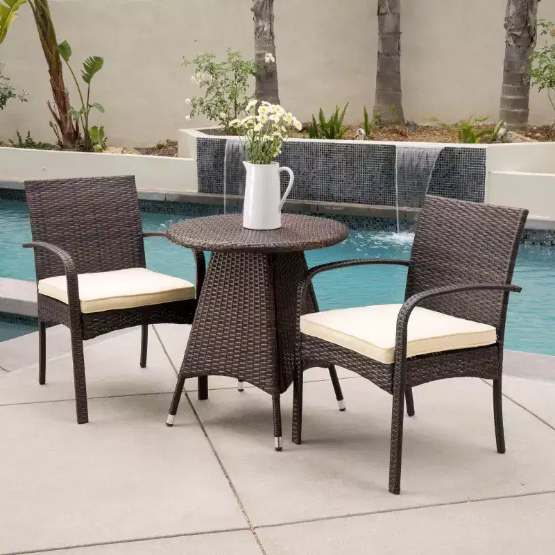 GDFStudio Peterson Outdoor Wicker 3 Piece Bistro Set with Cushion