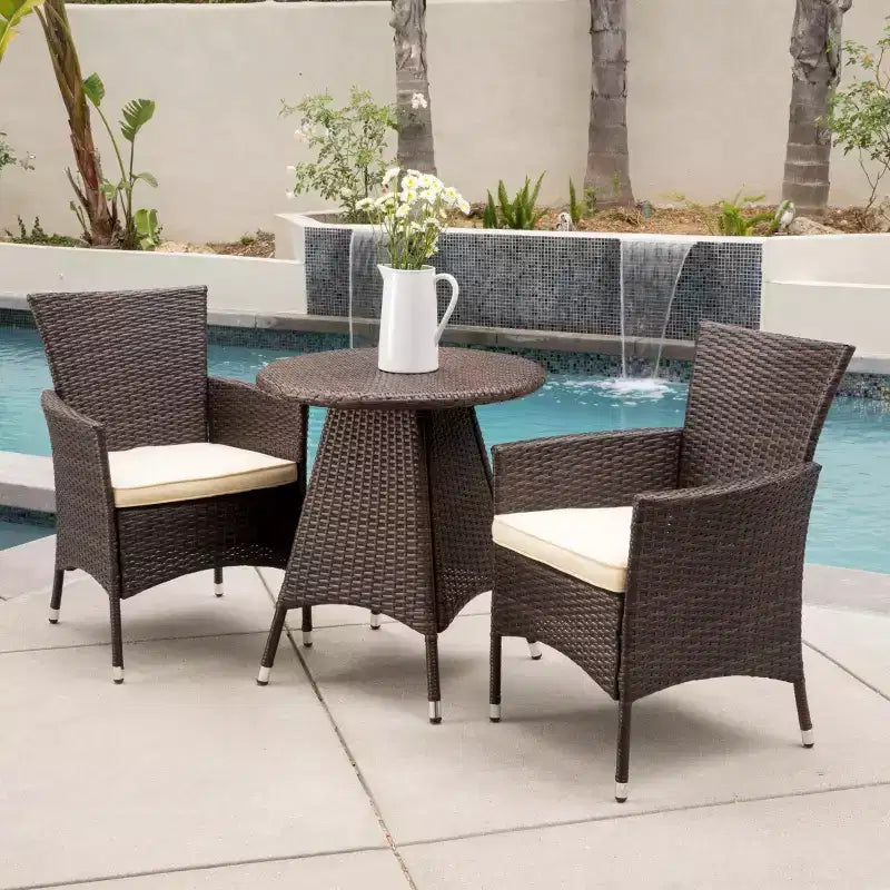 GDFStudio Harry 3 Piece Outdoor Bistro Set with Round Wicker Table and Chairs