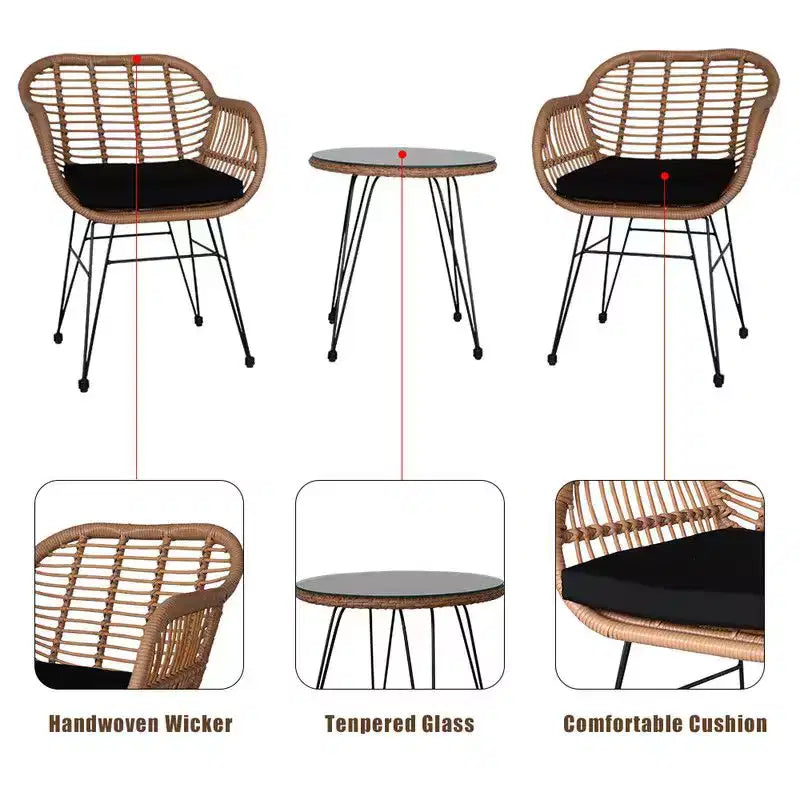 3-Piece Wicker Outdoor Bistro Set with Cushion