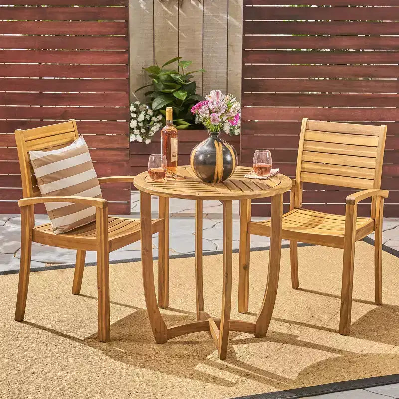 GDFStudio Wisner Outdoor Acacia Wood 3 Piece Bistro Set with Slatted Design