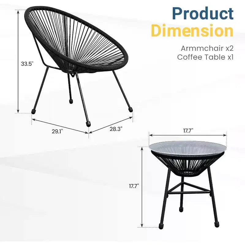 Heynemo 3 Piece Patio Bistro Set, Outdoor Acapulco Chair and Table Set, All-Weather Patio Furniture Set for Yard Balcony Poolside