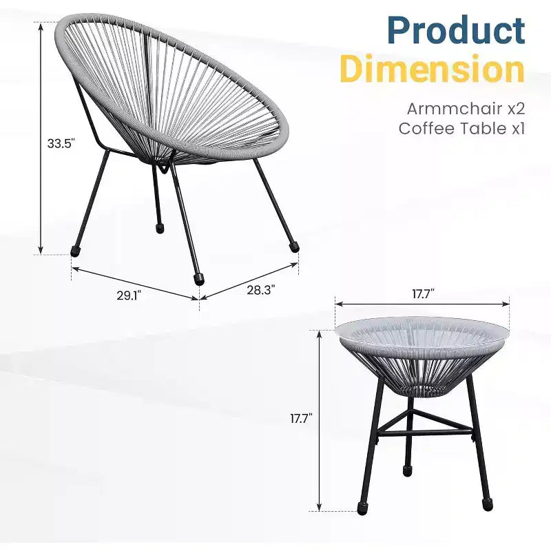 Heynemo 3 Piece Patio Bistro Set, Outdoor Acapulco Chair and Table Set, All-Weather Patio Furniture Set for Yard Balcony Poolside