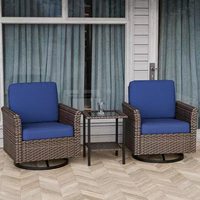 EAGLE PEAK Ocean Vista 3 Piece Outdoor Wicker Bistro Set, Variated Wicker Conversation Swivel Chair Set with Side Table