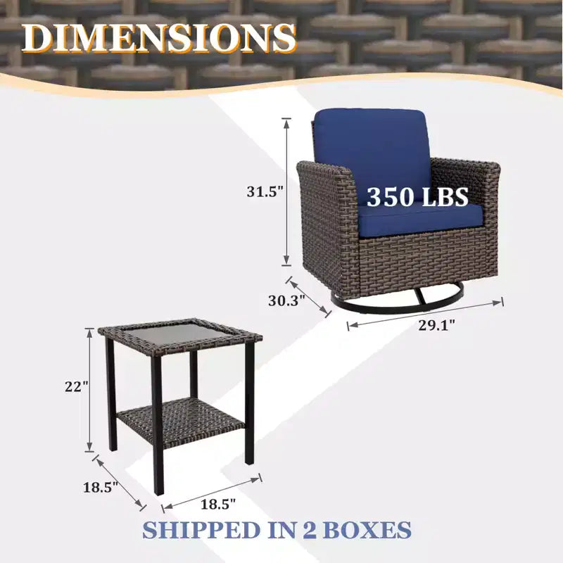 EAGLE PEAK Ocean Vista 3 Piece Outdoor Wicker Bistro Set, Variated Wicker Conversation Swivel Chair Set with Side Table